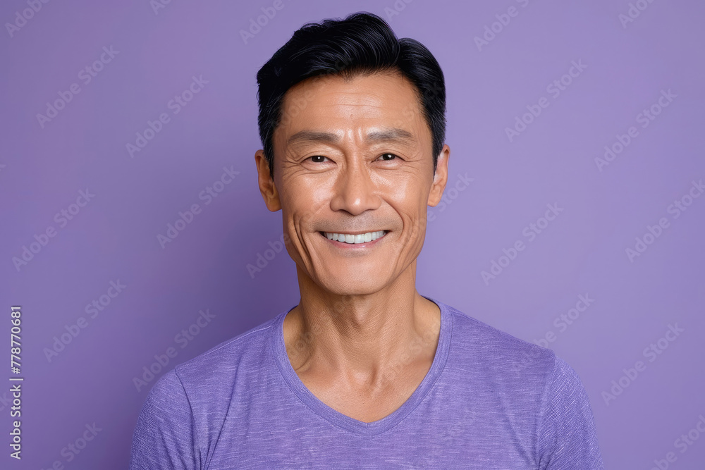 Charismatic mature Asian man sporting a casual t-shirt with a heartfelt smile Charismatic mature Asian man sporting a casual t-shirt with a heartfelt smile