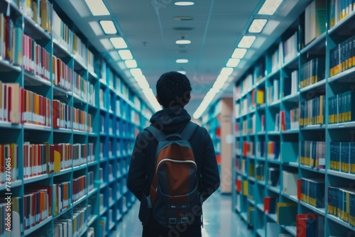 This image captures a person with a backpack standing in a library aisle, surrounded by shelves of colorful books