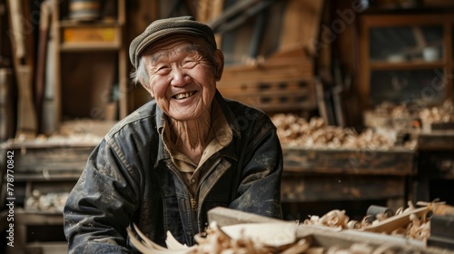 An elderly craftsman carefully carves wood in his workshop filled with woodworking tools and wooden shavings