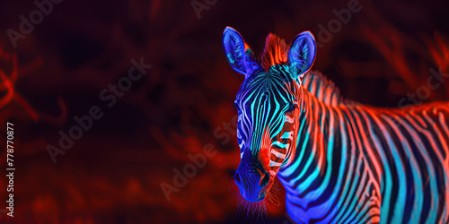 horizontal image of neon illuminated zebra glowing on a dark red background  copy space