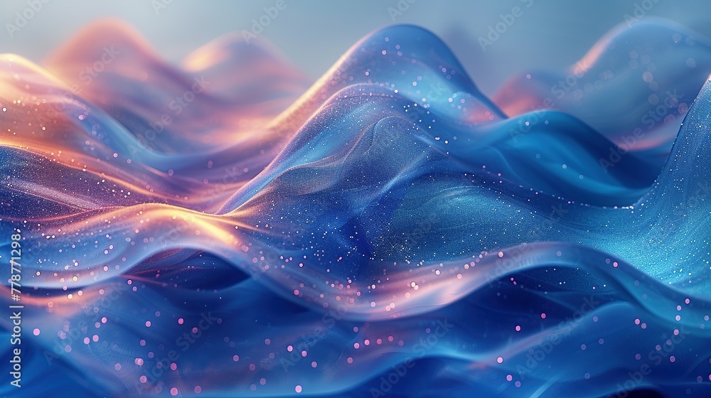 Fototapeta premium looped festive liquid BG in 4k. Abstract wavy pattern on bright glossy surface, liquid gradient blue color, waves on paint fluid in smooth animation. Glitters on viscous 3d liquid. Creative backdro