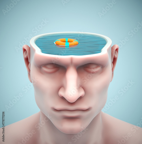 Human head with swimming pool and a lifebuoy.