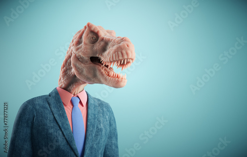 Man with a dinosaur head. The concept of decision-making, aggressiveness and power in business.