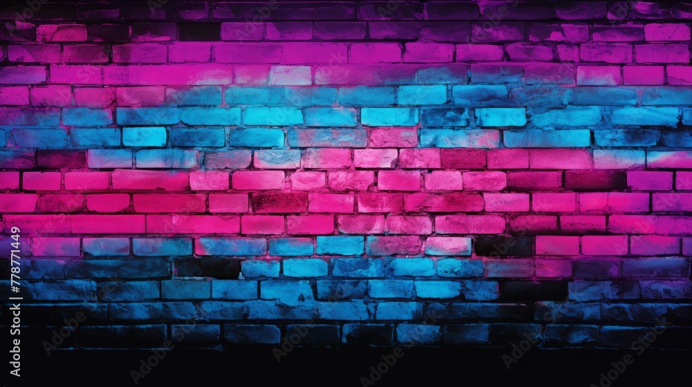 Brick wall background with neon lighting effect pink purple and blue. glowing lights on empty brick wall background Brick wall background with neon lighting effect pink purple and blue. glowing lights on empty brick wall background