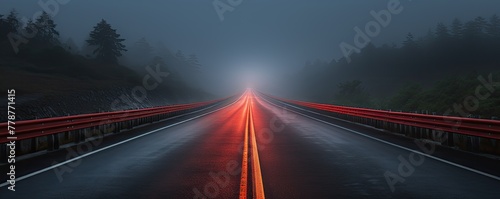 Through the veil of fog, street lamps cast a hazy glow along the road, as the red trail of a car's tail lights cuts through the mist, painting a scene of eerie beauty.