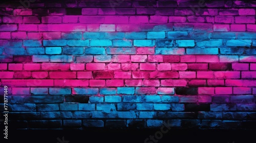 Brick wall background with neon lighting effect pink purple and blue. glowing lights on empty brick wall background