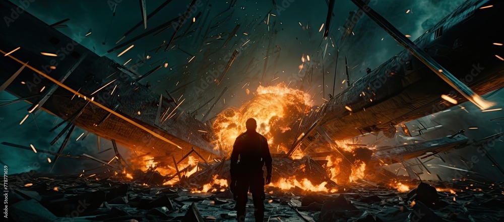A man stands in front of a large explosion