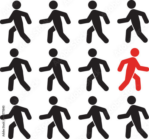He thinks differently: a red man, unique and different, who moves in the opposite way to identical black ones. Courage, confidence, success, crowd and creativity concept.