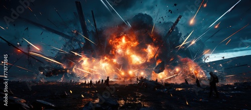 A man stands in front of a large explosion photo