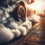 A car on the road with clouds of smoke under the wheels is drifting against the background of the sun