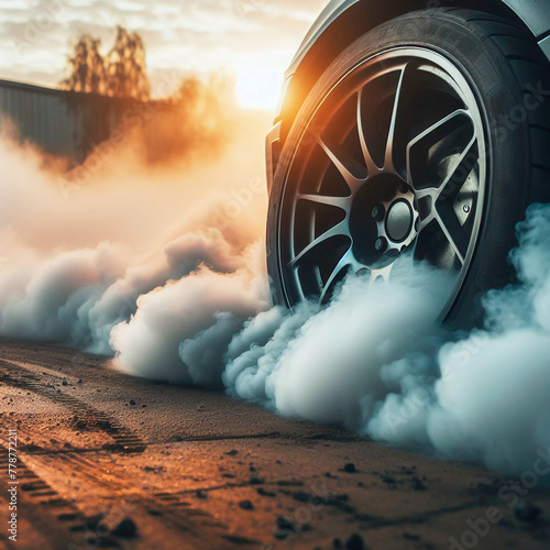 Conceptual image of a car with smoke coming out of the wheels
