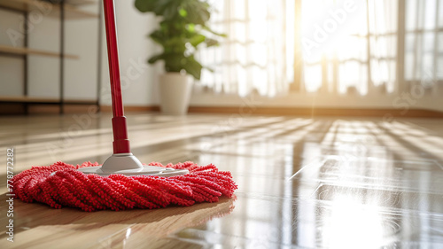 a woman cleans the floor in the house with a mop, close-up