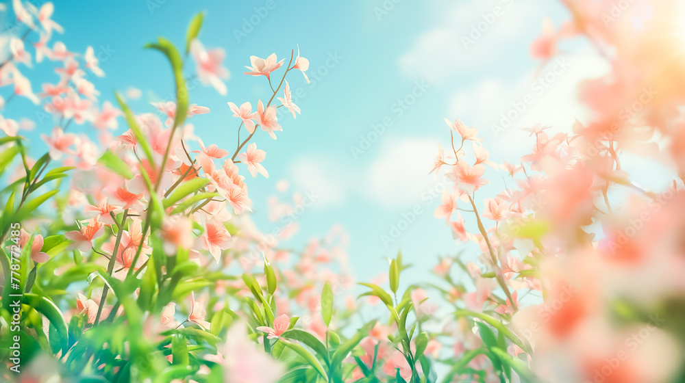 spring banner of fresh green grass and flowers in nature. blurred background, space for text - obrazy, fototapety, plakaty 
