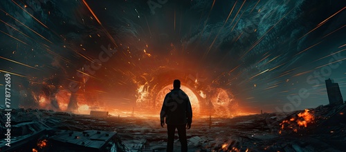 A man stands in front of a huge explosion. The scene was dark and chaotic, with rubble and fire everywhere.