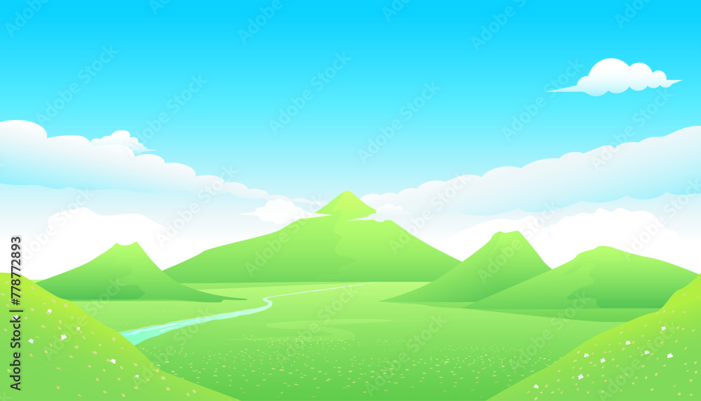 Panorama view with green mountain landscape and blue sky with cloud.