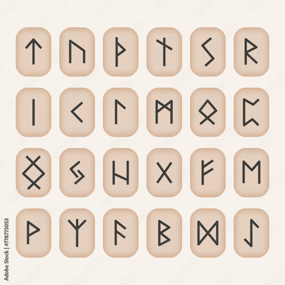 Illustration depicting a set of icons with runes on stones on a light beige background. 24 sacred runes
Illustration depicting a set of icons with runes on stones on a light beige background. 24 sacred runes