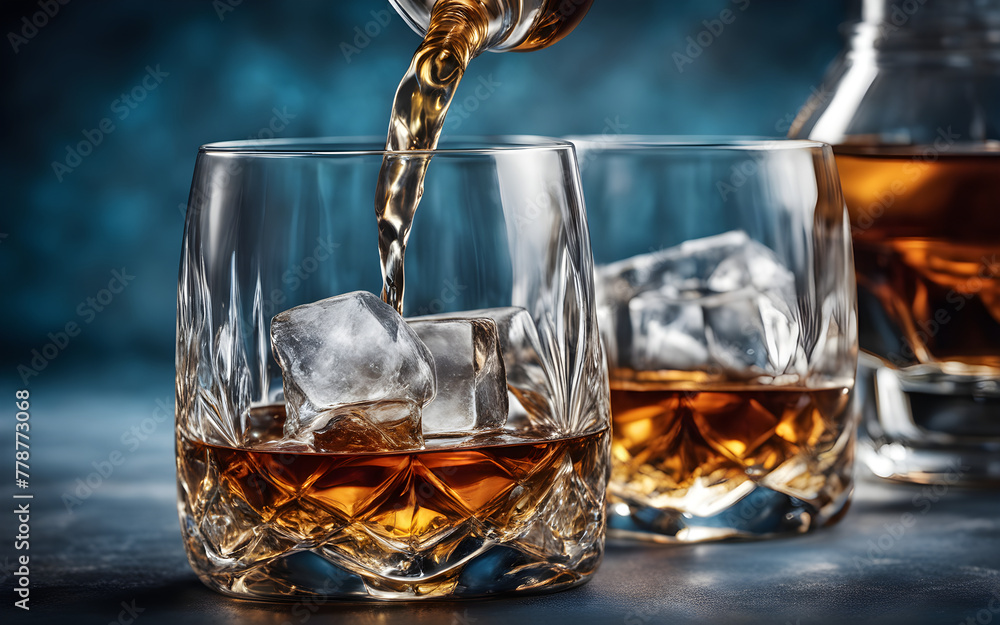 Two glasses of whisky with ice and decanter on a blue background