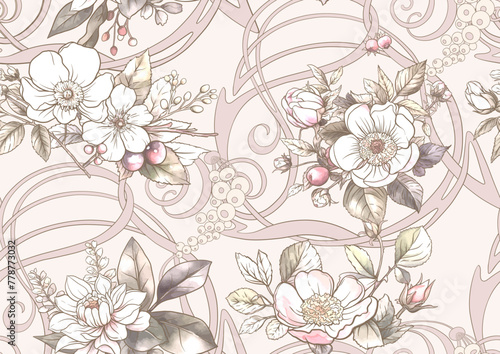 Boutonniere of wild rose flowers and berries Seamless pattern, background. Outline hand drawing vector illustration. In botanical style