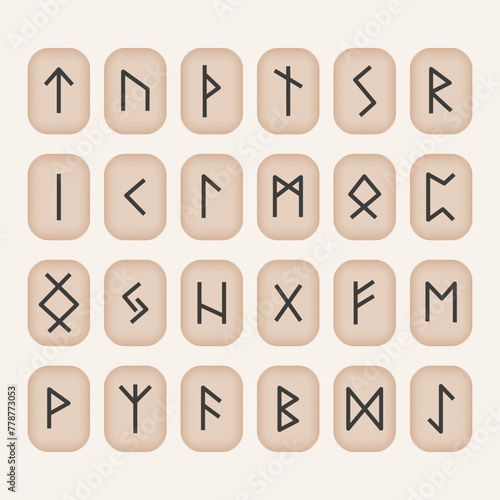 
Illustration depicting a set of icons with runes on stones on a light beige background. 24 sacred runes