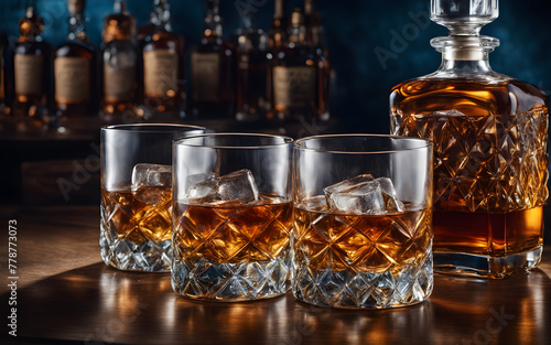 Two glasses of whisky with ice and decanter on a blue background