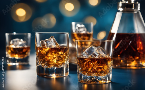 Two glasses of whisky with ice and decanter on a blue background photo