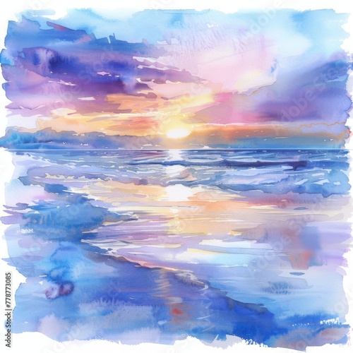 A gentle tide at sunset, with soft pastel reflections, watercolor clipart on white background