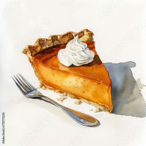 A slice of pumpkin pie with a dollop of whipped cream, watercolor, photo