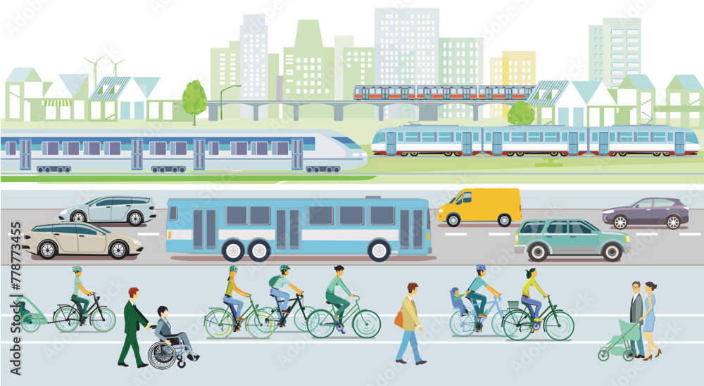 Bahnverkehr und Straßenverkehr mit Menschen Illustration Bahnverkehr und Straßenverkehr mit Menschen Illustration