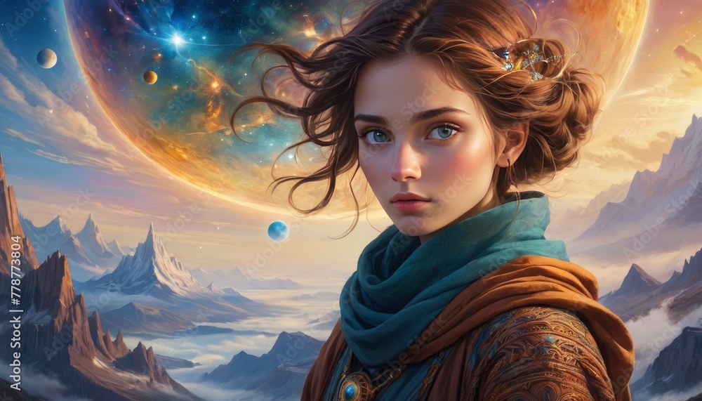 A young woman with cosmic eyes reflects the vast universe around her, hinting at untold stories against a landscape of mountainous terrains and celestial bodies.. AI Generation