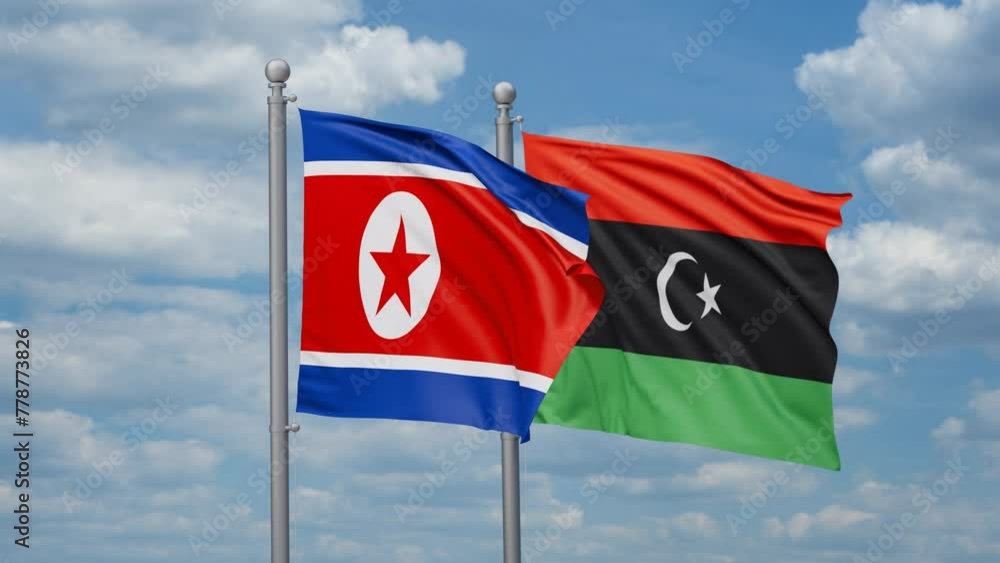Libya and North Korea two flags waving together, looped video, two country cooperation concept Libya and North Korea two flags waving together, looped video, two country cooperation concept