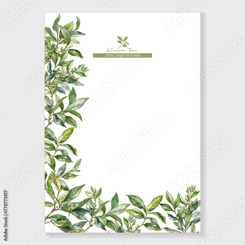 Green tea branch with leaves Border, frame, template for menu page, product label, cosmetic packaging. Vector illustration. In botanical style