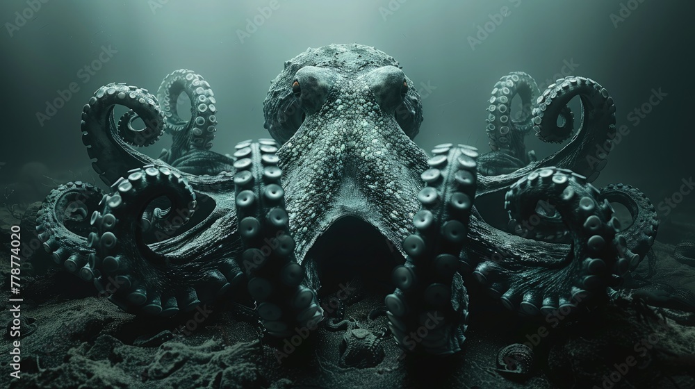 A monstrous octopus against ocean floor, evoking a sense of foreboding and dread with hyper detailed rendering that brings out every eerie contour and shadow.