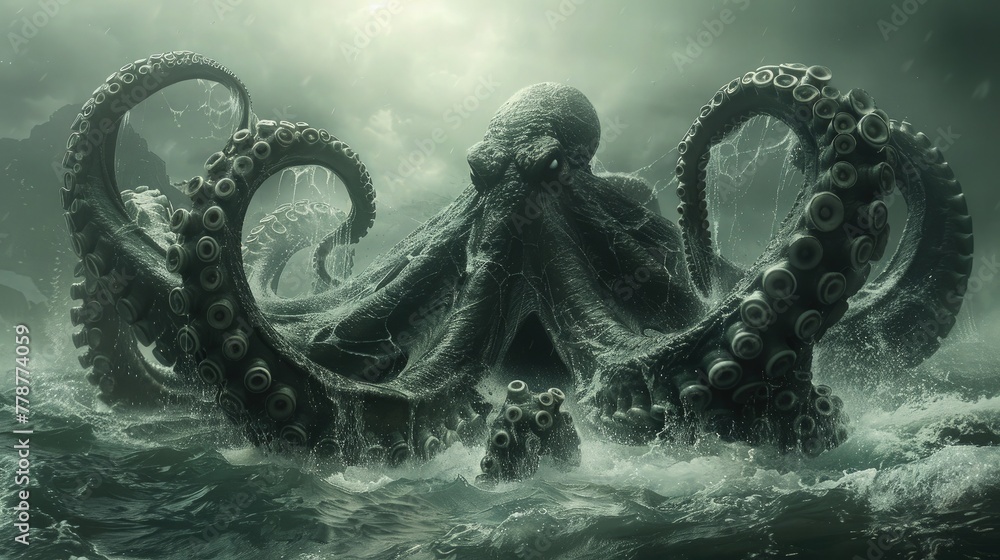 Giant Black Octopus on huge storm waves Giant Black Octopus on huge storm waves
