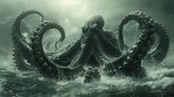 Giant Black Octopus on huge storm waves