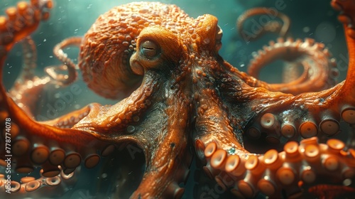 Eerie underwater photograph of a massive octopus camouflaging itself against the murky background.