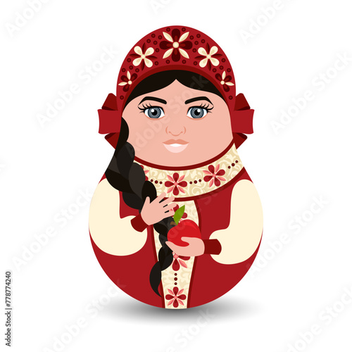 A Russian tilting toy on an isolated background. A Slavic woman in a kokoshnik and a red dress with embroidery holds an apple in her hands. Modern design tilting toy for your business project