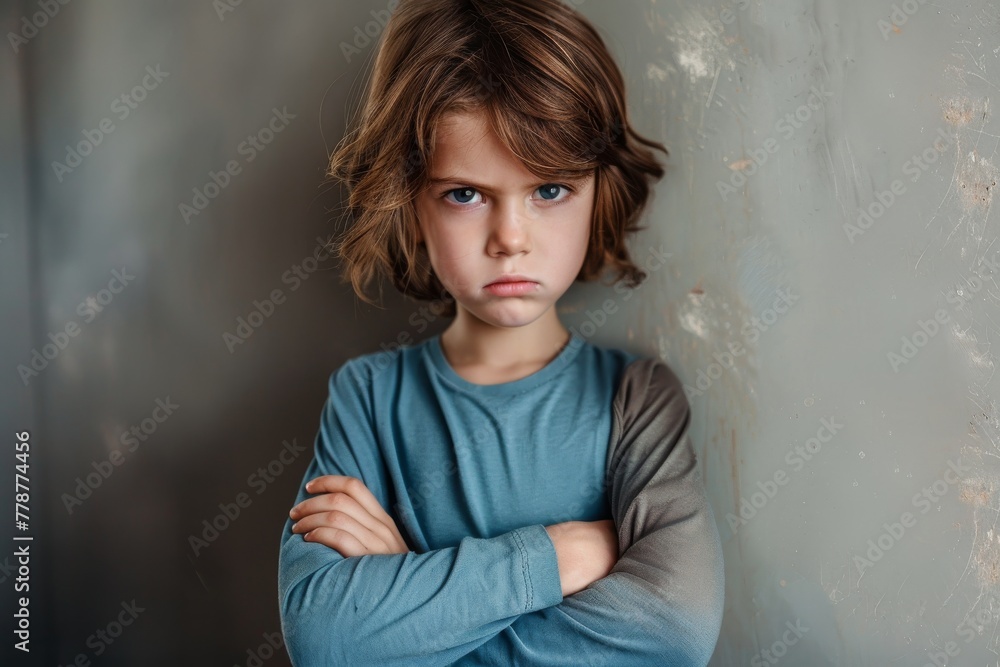 A young child with tousled hair shows a sulky expression and crossed arms, conveying a moody atmosphere A young child with tousled hair shows a sulky expression and crossed arms, conveying a moody atmosphere