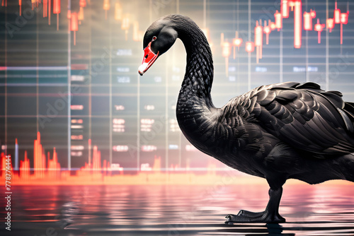 Schwarzer Schwan im Wasser mit Chart als Hintergrund Börsencrash