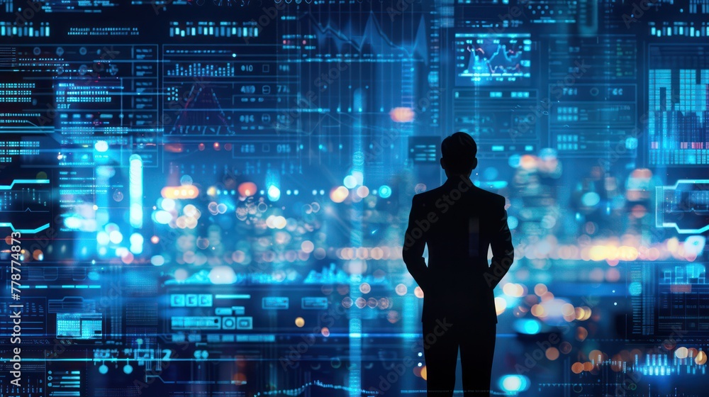A man stands in front of a computer screen with a city view behind him A man stands in front of a computer screen with a city view behind him