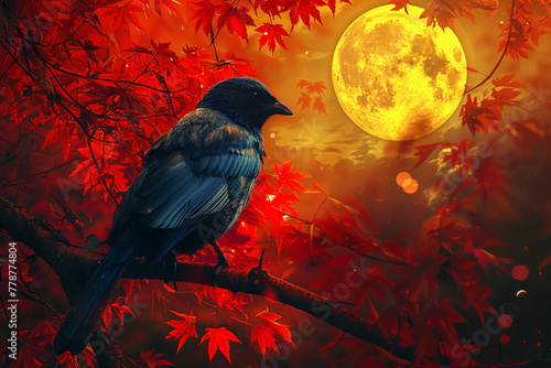 a blue big bird sitting in a red tree with full yellow moon in the background, giving phenomenal view 