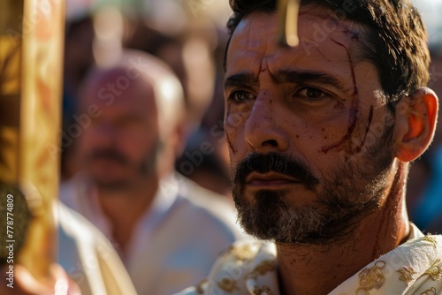 A man in traditional attire, partaking in a religious ceremony, shows intense emotion with face markings