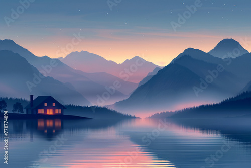 a serene lakeside scene with a minimalist cottage silhouette against the backdrop of majestic mountains  highlighted by the warm  pastel tones of a sunset
