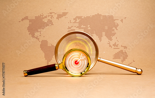 Global trends target insights, searching with internet connection technology, success business worldwide online marketing concept. Target icon in magnifying glass lens on digital world map background.