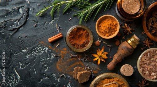 A variety of spices and herbs are laid out on a countertop