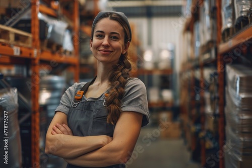 Confident female warehouse worker stands with crossed arms, showcasing her braids and work ethic