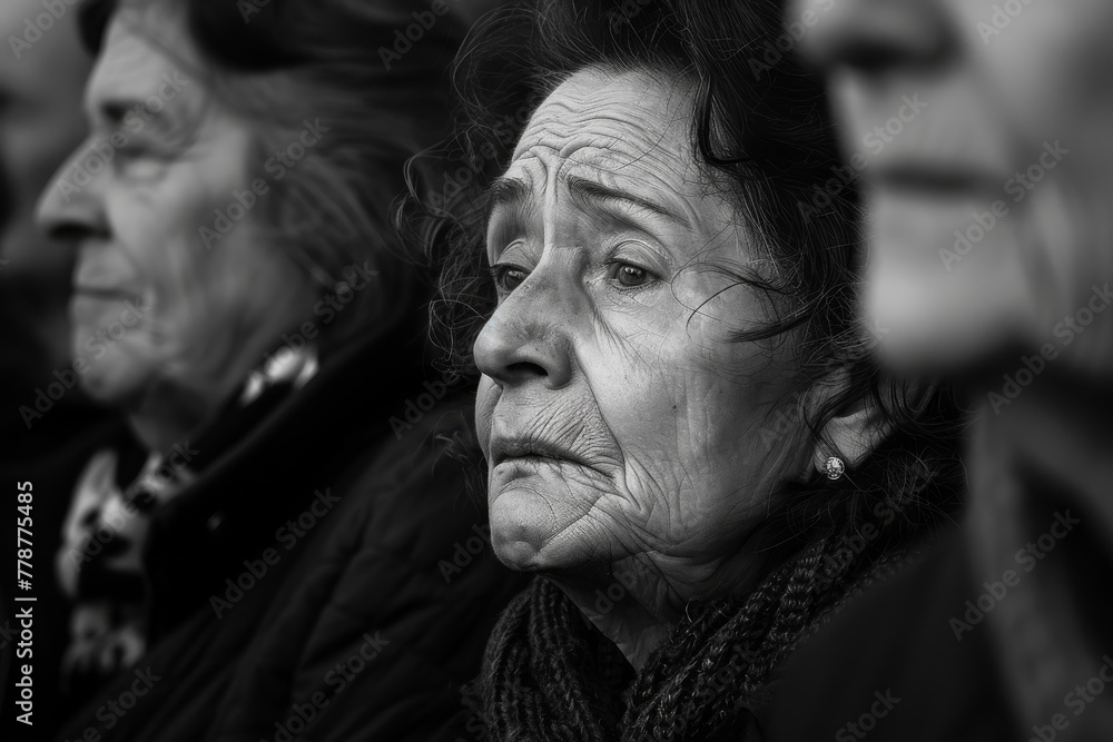 A grayscale portrait of an elder woman, mysterious with a hidden face, evokes a feeling of nostalgia and timelessness in her surroundings A grayscale portrait of an elder woman, mysterious with a hidden face, evokes a feeling of nostalgia and timelessness in her surroundings