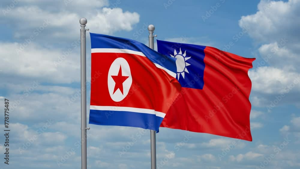 Taiwan and North Korea two flags waving together, looped video, two country cooperation concept Taiwan and North Korea two flags waving together, looped video, two country cooperation concept