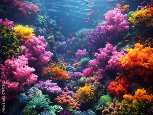 coral reef teeming with marine life  vibrant colors of corals  fish  and underwater plants