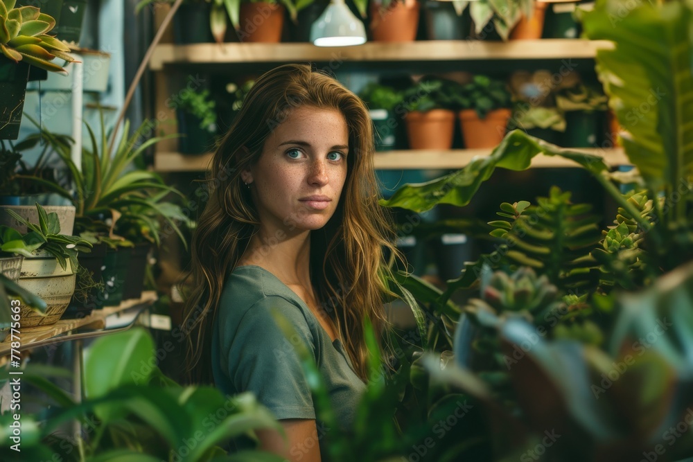 Amidst a verdant greenhouse, a woman is surrounded by an array of lush plants, suggesting a connection with nature and growth Amidst a verdant greenhouse, a woman is surrounded by an array of lush plants, suggesting a connection with nature and growth