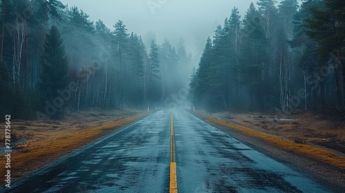 Empty rural road passing by forest on foggy day - Generative AI photo